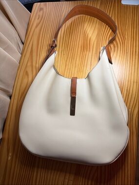 Loulu Cream White Minimalist Hobo Shoulder Bag with Tan Leather Accents